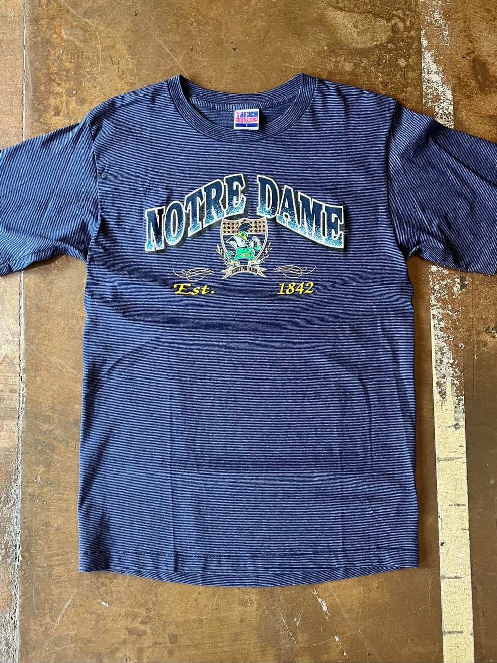 Trench Vintage 90s Notre Dame Fighting Irish Blue Striped Single Stitch Tee L